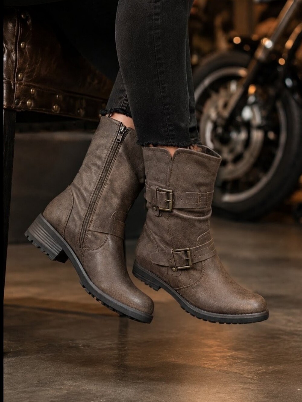 FOREVER - SIZE 10                 Buckle Combat Boots - Brown